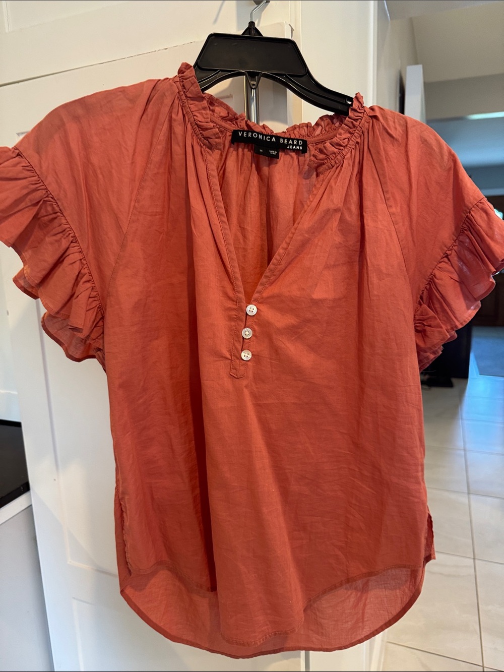 Veronica Beard Coral Rust Ruffle-Sleeve Cotton Top